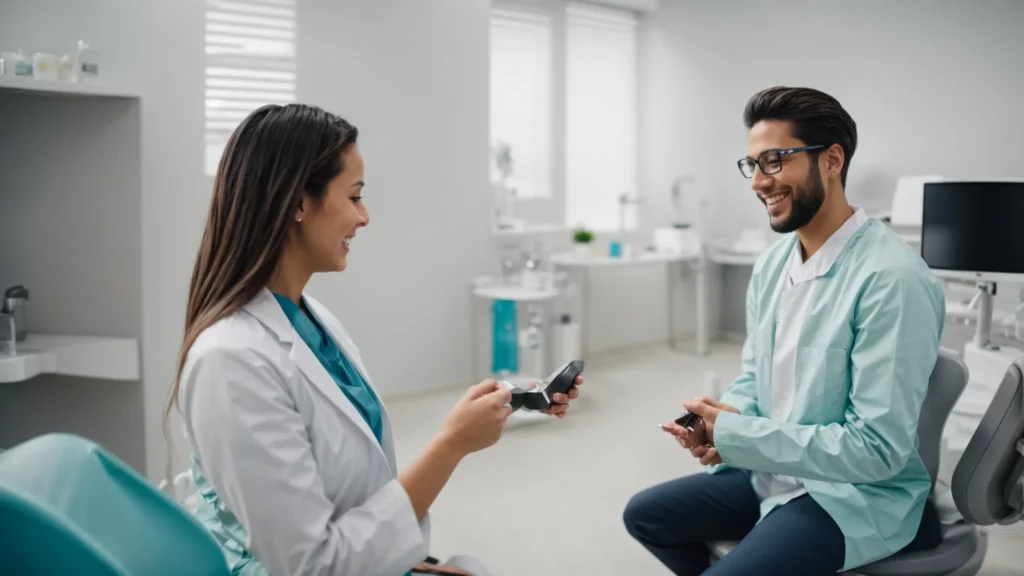 a dentist explains the invisalign process to a smiling patient in a bright, modern dental office.