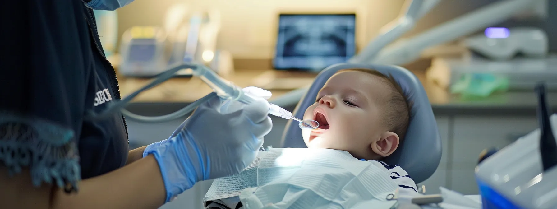 an infant lying on a dental chair having their lip tie revised by a specialist at starting point pediatric dentistry & orthodontics in leawood.