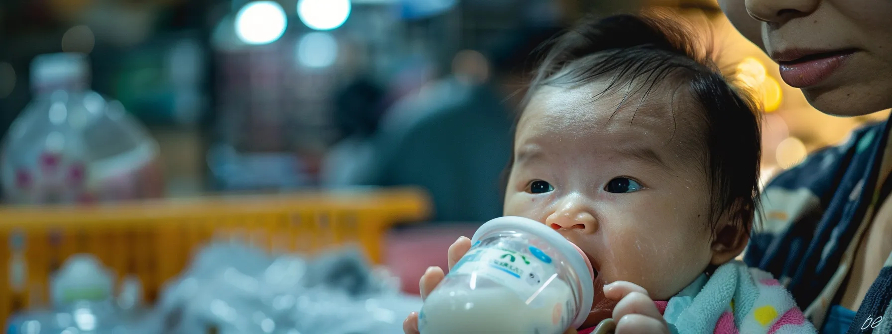 an infant struggling to latch onto a bottle due to a tongue tie, while a caregiver looks on with concern.