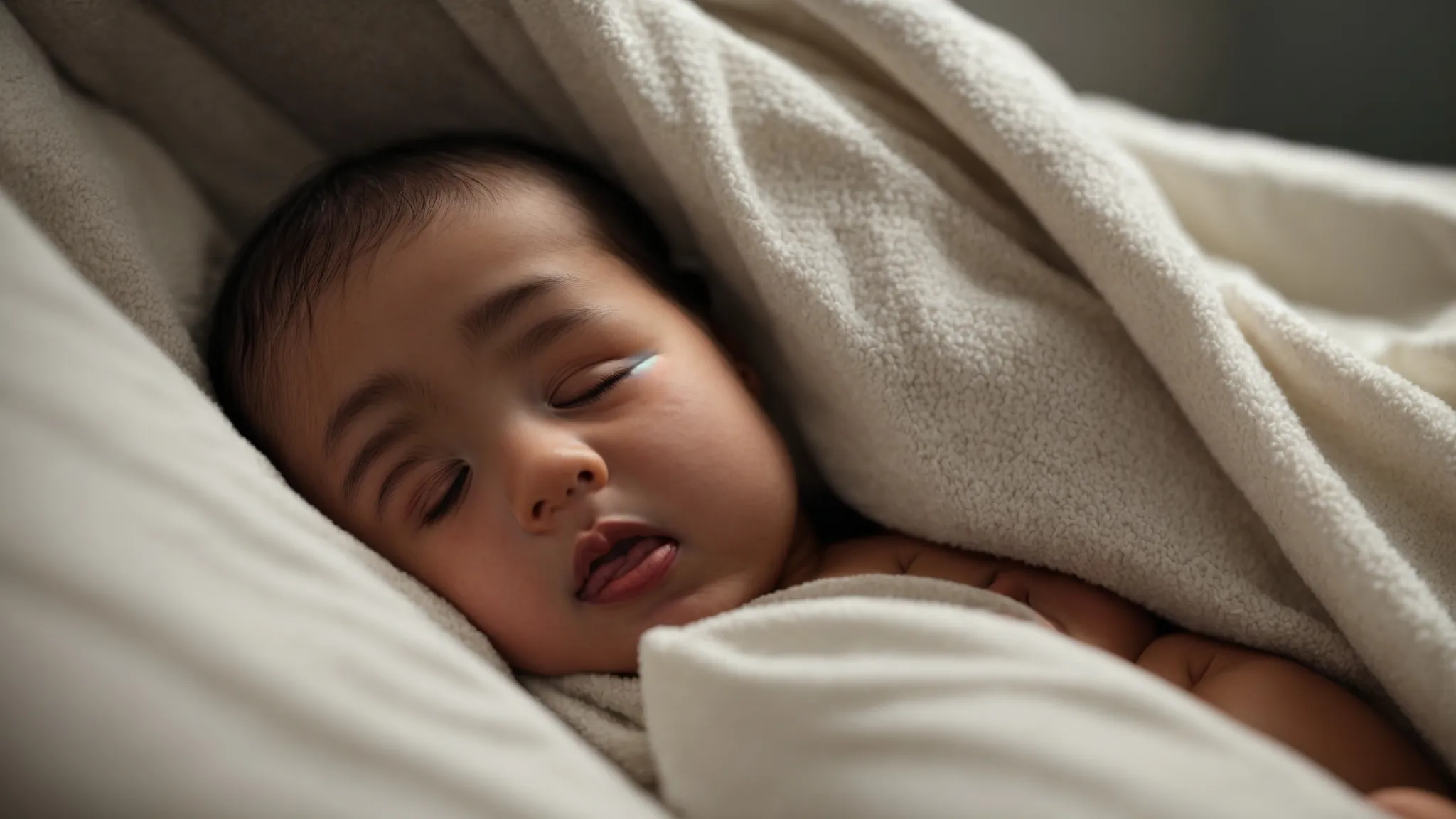 a baby peacefully sleeping on a soft blanket, with a parent gently holding their head and offering comfort after tongue and lip tie revision surgery.