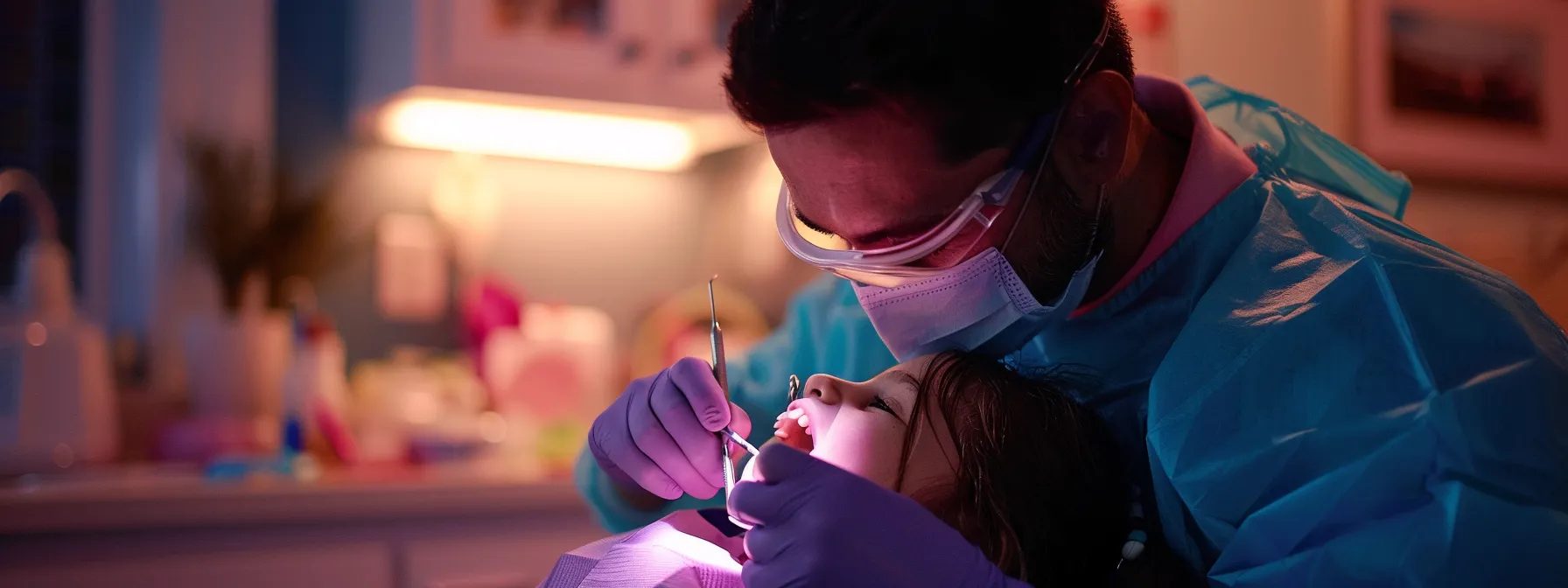 a pediatric dentist using gentle techniques to calm a nervous child during a dental visit.