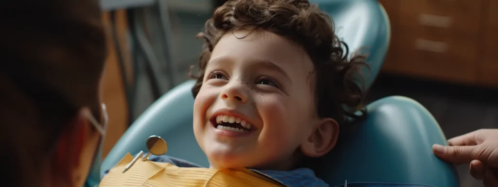 a child sitting in a dental chair with a dentist showing them dental tools.