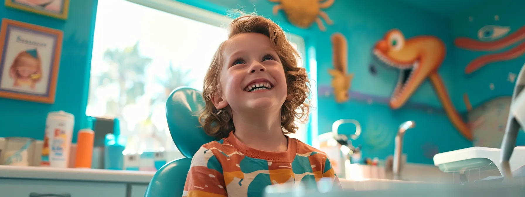 a child smiling in a bright, colorful dental office while a friendly pediatric dentist talks to them.