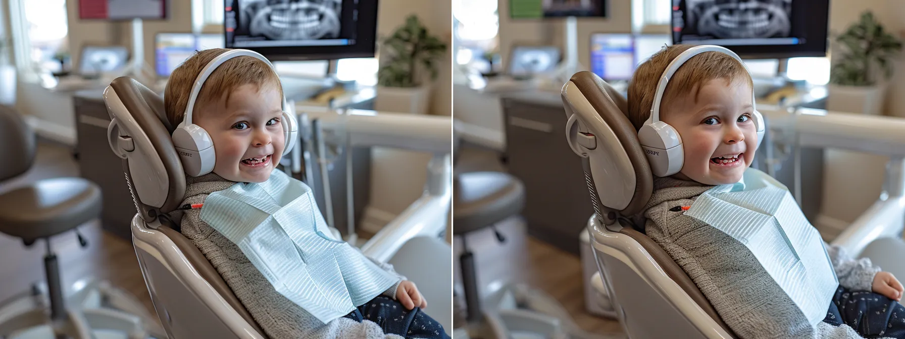 a smiling child sitting in a bright, welcoming dental office chair at starting point dental in prairie village.