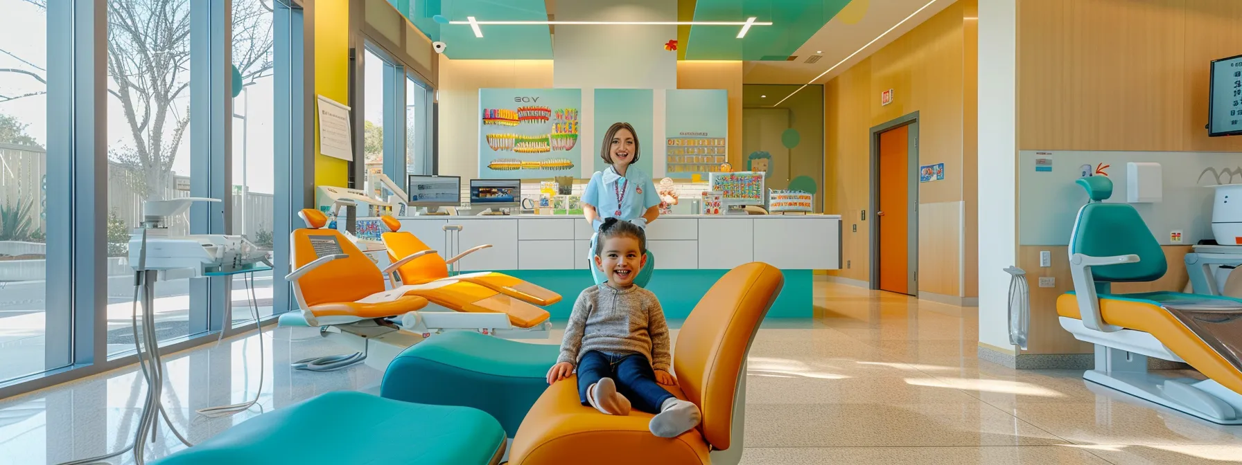 a smiling child sitting in a modern orthodontic clinic, surrounded by colorful braces options and brochures about financing and insurance.