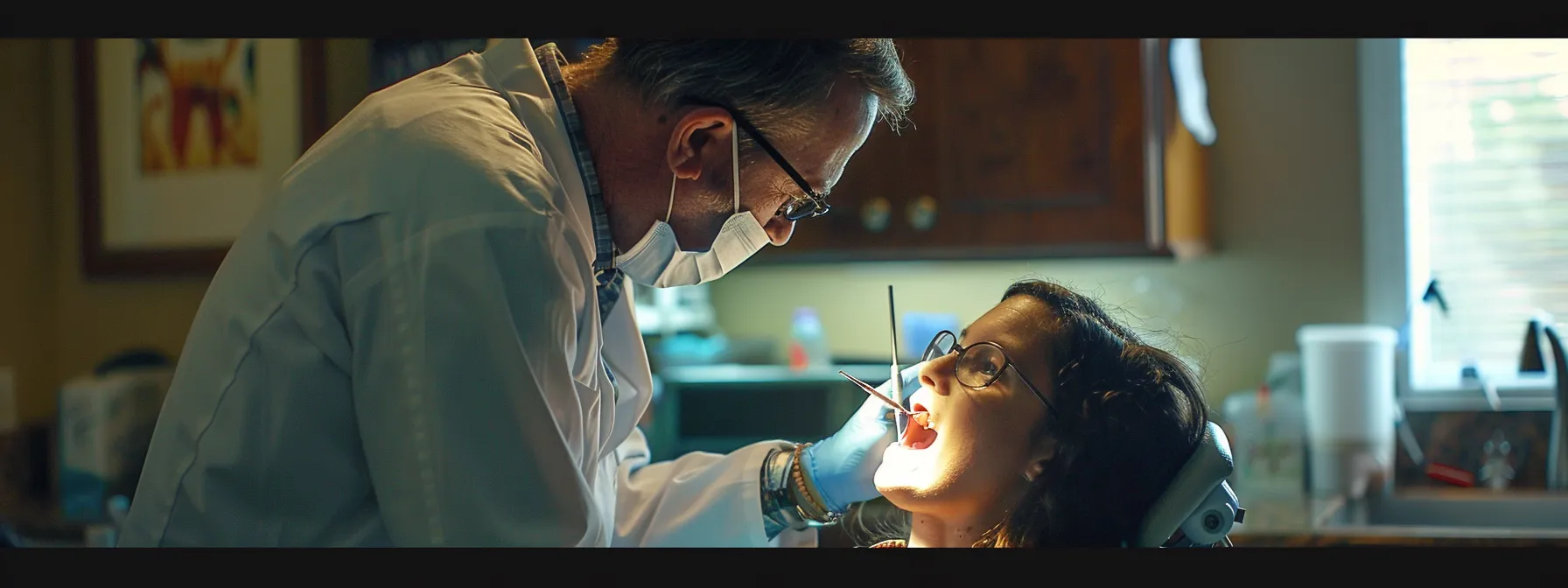 a dentist examining a patient's cavity-ridden tooth with a bright light during an emergency dental visit at starting point dental in prairie village.